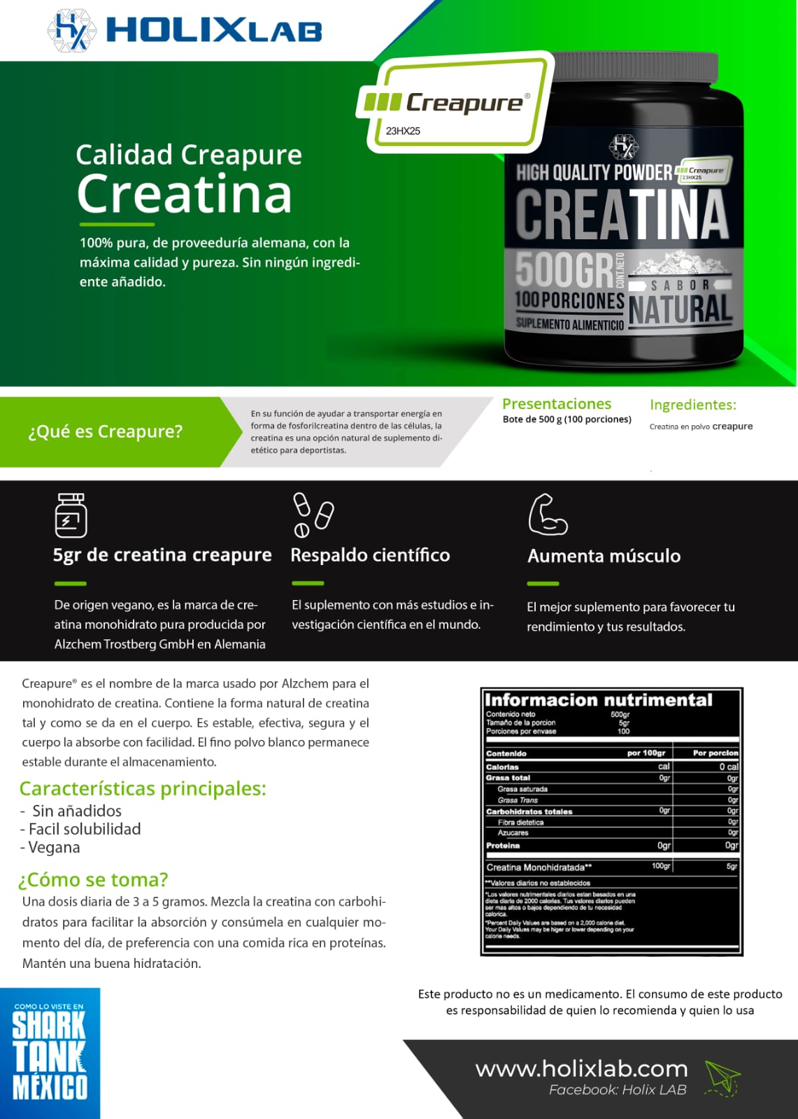 Creatina Monohidratada Creapure® Holix 500 g