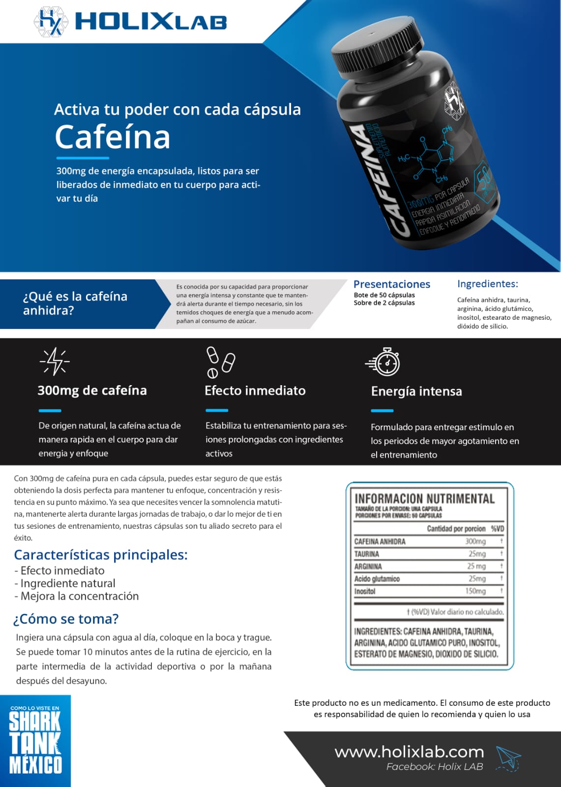 Cafeína Holix 300 mg – 50 cápsulas